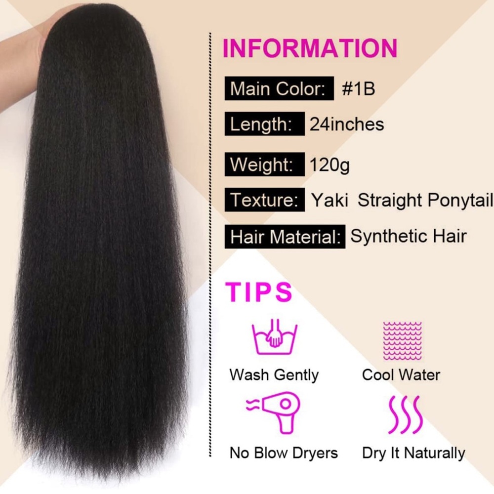 Long Straight Drawstring Ponytail, 24 Inch Synthetic - Picture 6 of 7